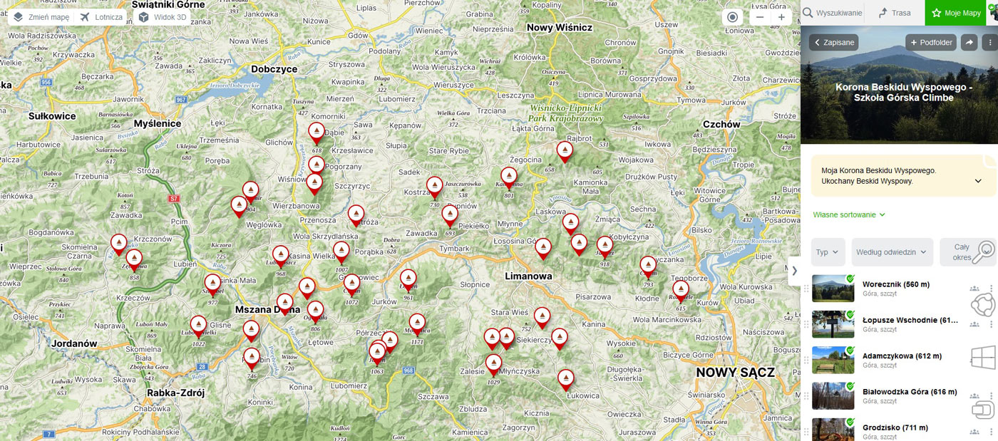Mapa Korona Beskidu Wyspowego. Szkoła Górska Climbe